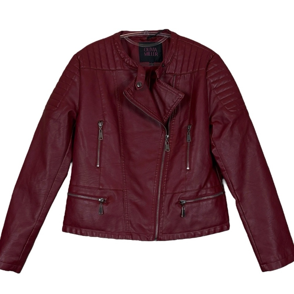 New Olivia Miller Faux Leather Zip Moto Biker Jacket Deep Maroon Red Size L